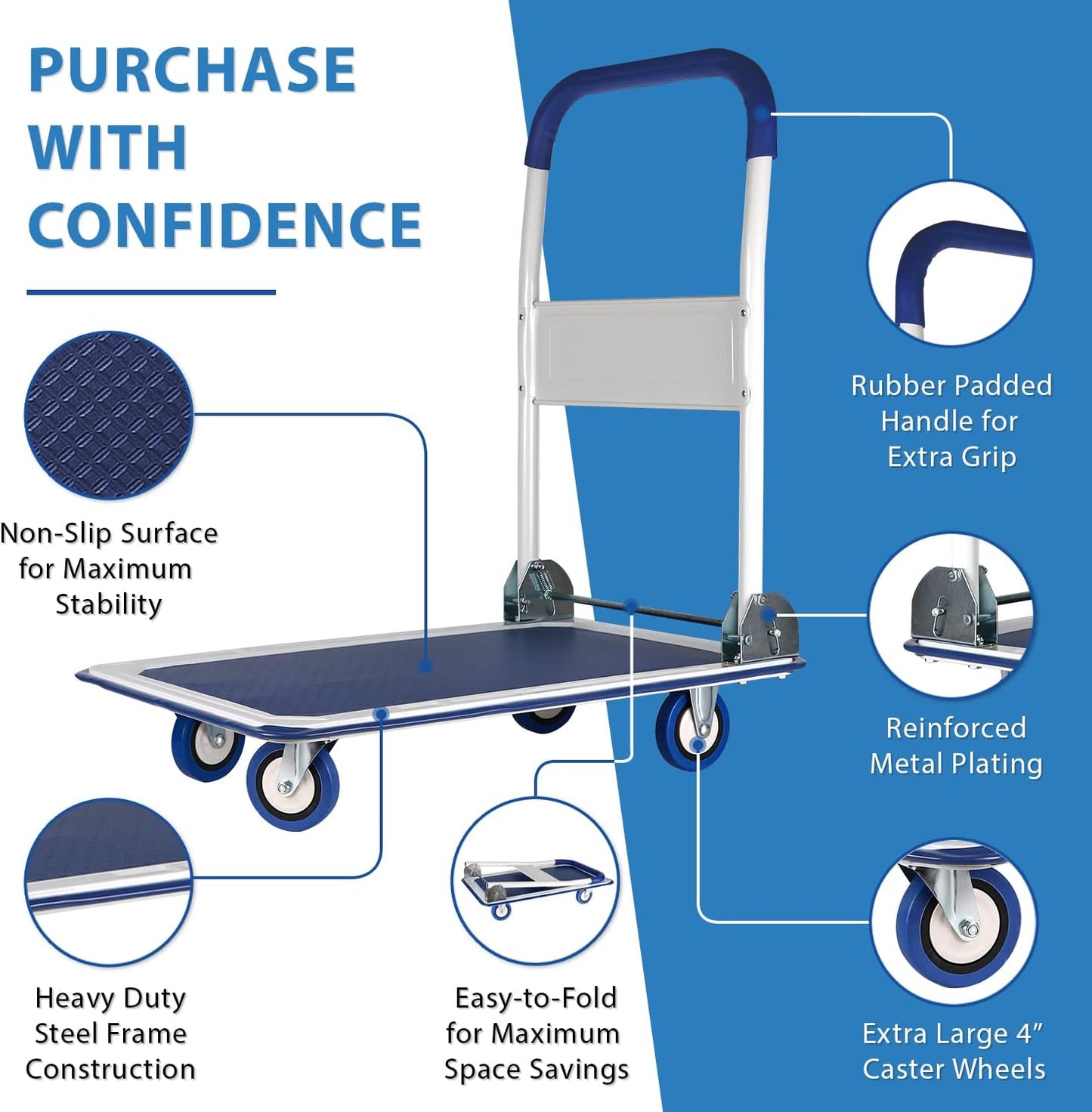 Lifetime Appliance Upgraded Foldable Push Cart Dolly | 660 lbs. Capacity Moving Platform Hand Truck | Heavy Duty Space Saving Collapsible | Swivel Push Handle Flat Bed Wagon