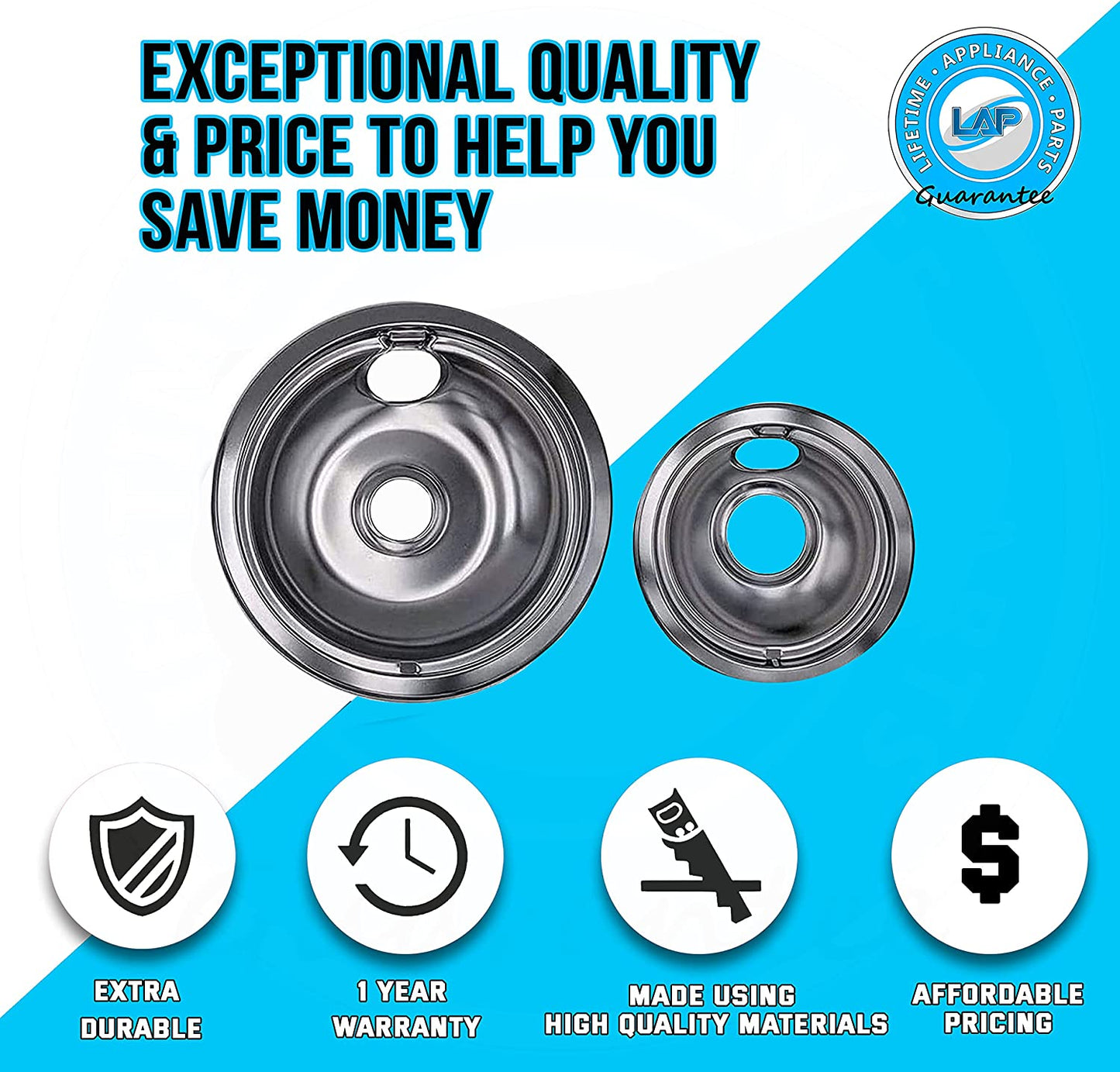 Ultra Durable W10196405, W10196406 Chrome Drip Pans Replacement Compatible with Whirlpool W10278125-2 x Small 6" + 2 x Large 8" Drip Pans