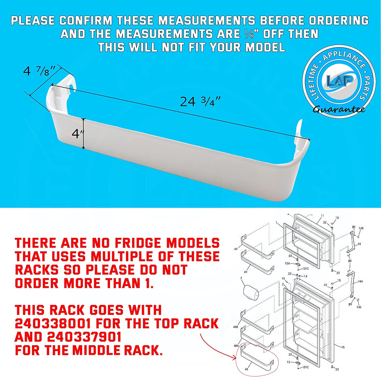 240338101 Door Shelf Bin Rack Compatible with Frigidaire or Kenmore Refrigerator