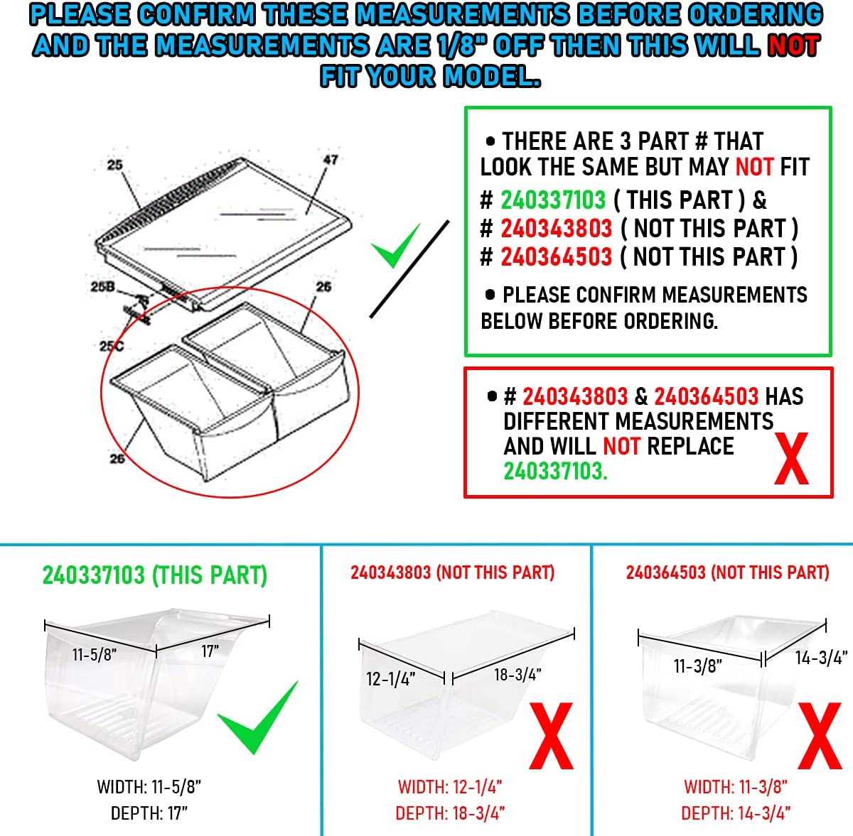 Lifetime Appliance 240337103 Crisper Bin Compatible with Frigidaire Refrigerator Shelf | Fridge Drawer | Frigidaire Refrigerator Parts - 240337100, AP2115741, 240323007